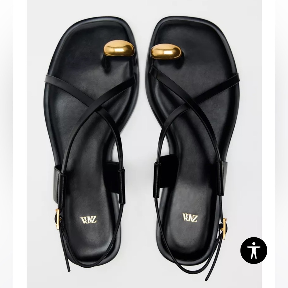 Zara Black Sandals with Gold Accents | 40 | 8.